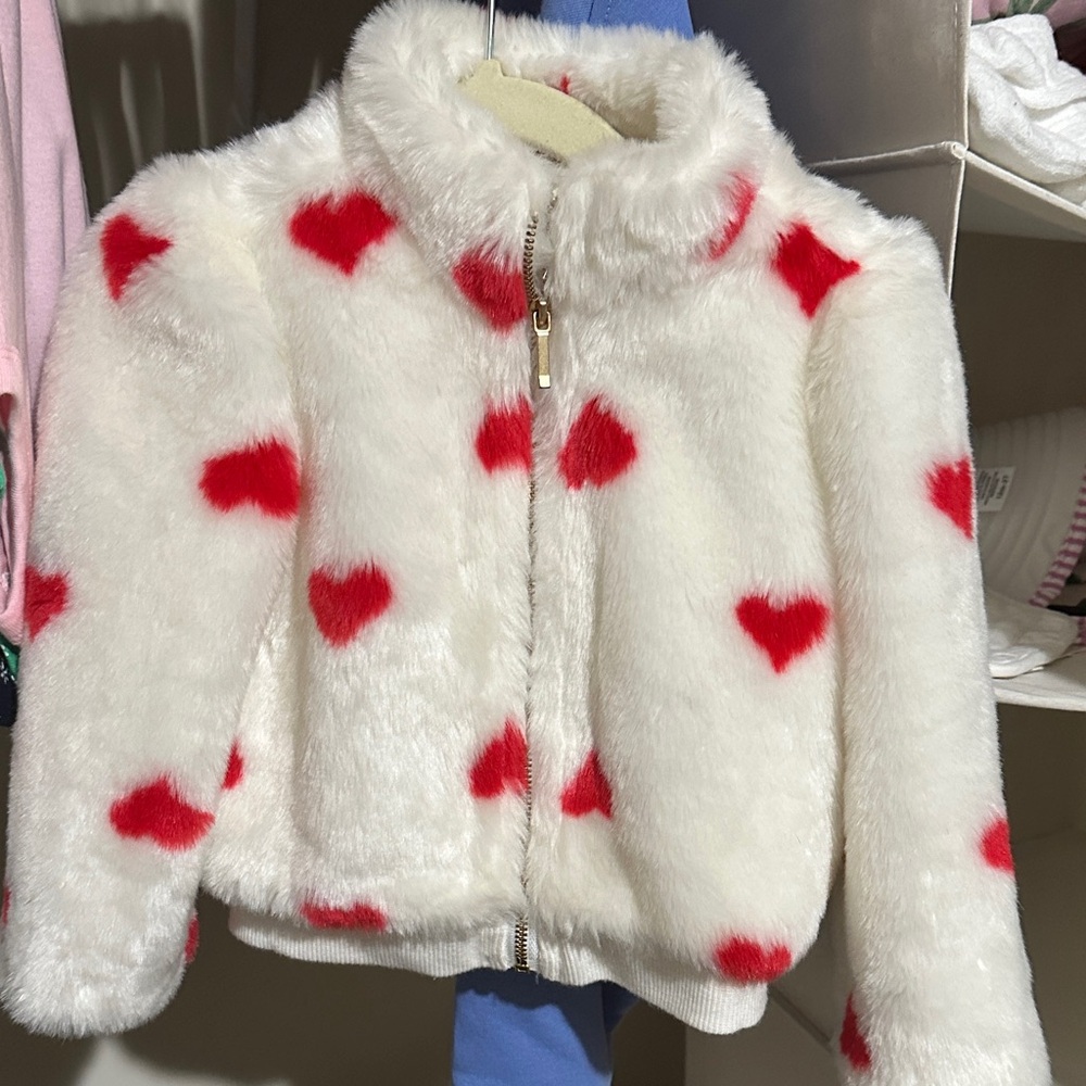 Janie and Jack White Furry Jacket with Red Hearts